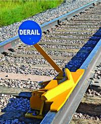ALDON Rail Track Derailer: Derailer, Two-Way Hinged, 10 mph Speed - Max, Sign Included, Sign Holder (MPN 4014-20). Key specifications — attr1385012: ALDON; attr1385058: Derailer; attr1385021: Two-Way Hinged; attr1385034: Sign Holder.