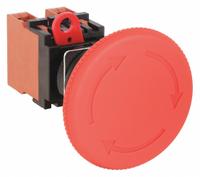 OMRON Emergency Stop Push Button: Non-Illuminated, Mushroom Head Profile, Non-Metallic, 22 mm, 2NC (MPN A22E-L-02). Key specifications — Brand: OMRON; Action: Maintained; Series: A22E; Push Button Material Type: Non-Metallic.