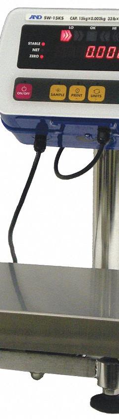 A&D WEIGHING Washdown Platform Scale: 20 7/8 in Weighing Surface Dp, 15 3/8 in Weighing Surface Wd (MPN SW-150KL). Key specifications — Connection Ports: RS-232C; Readability: 0.02 lb; Brand: A&D WEIGHING.