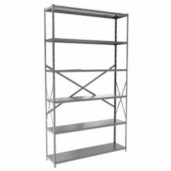 HALLOWELL Metal Shelving: Standalone, Medium-Duty, 48 in x 12 in, 84 in Overall Ht, 6 Shelves (MPN F4711-12HG). Key specifications — Frame Material: Steel; Shelving Material: Steel; Assembled: Unassembled; Color: Gray; Brand: HALLOWELL.
