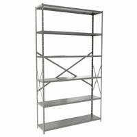 HALLOWELL Metal Shelving: Standalone, Medium-Duty, 48 in x 12 in, 84 in Overall Ht, 6 Shelves (MPN F4711-12HG). Key specifications — Frame Material: Steel; Shelving Material: Steel; Assembled: Unassembled; Color: Gray; Brand: HALLOWELL.
