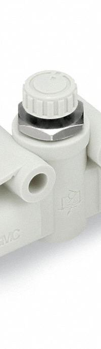 SMC Speed Control Valve: In-Line Fitting, Hex Screw, 1/4 in Valve Body Size, 6 mm Tube, Meter In (MPN AS2052F-06). Key specifications — attr947203: Brass/PBT; attr947205: SMC.