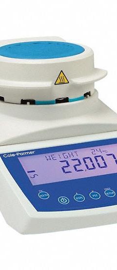 COLE-PARMER Moisture Balance: 40 g Max Capacity, 50°C to 160°C, Halogen, RS-232, Backlit LCD (MPN 1112406). Key specifications — Display Type: Backlit LCD; Brand: COLE-PARMER; Interface: RS-232; Readability: 0.001 g/0.01 %.