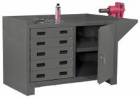 DURHAM MFG Cabinet Workbench: Steel, 48 in x 24 in, 2,000 lb Overall Load Capacity, Gray (MPN 3405-95). Key specifications — Assembly: Fully Assembled; Brand: DURHAM MFG; Included Components: Vice Support Shelf.