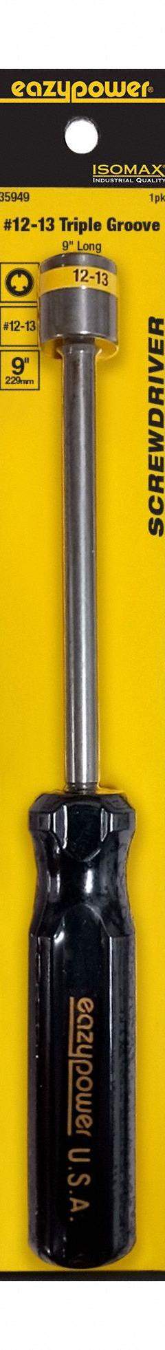 EAZYPOWER Screwdriver: Triple Groove Series, Steel, #12-14 Tip Size, 5 in Shank Lg, 9 in Overall Lg (MPN 35949). Key specifications — attr1205107: #12-14; attr1205112: EAZYPOWER.
