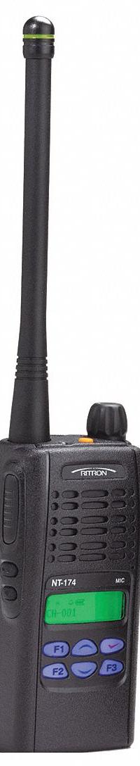 RITRON Handheld Two Way Radio: NT Series, VHF, Analog, 5 W, 255 Channels, Alphanumeric, 13 hr, IP65 (MPN NT-174). Key specifications — FCC License Required: Yes.