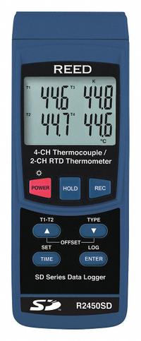 REED INSTRUMENTS Thermocouple Thermometer: -327.9°F to 1,562°F, ±0.4%+ 1.8°F/1°C Accuracy (MPN R2450SD). Key specifications — Accuracy: ±0.4 % + 1.8 °F/1 °C; Brand: REED INSTRUMENTS; Thermocouple Temperature Fahrenheit - Maximum: 752 °F (Type T).