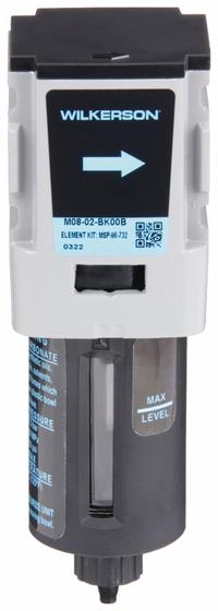 WILKERSON Compressed Air Filter: Coalescing, 1/4 in NPT, 0.5 micron, 12.7 cfm, Plastic Bowl, M08 (MPN M08-02-BK00B). Key specifications — attr110055: M08; attr110008: WILKERSON.
