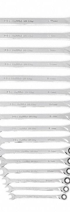 GEARWRENCH Combination Ratcheting Wrench Set: Alloy Steel, Full Polish Chrome, 16 Tools, Std, Metric (MPN 85099). Key specifications — attr309581: Full Polish Chrome; attr309580: Alloy Steel; attr309571: No; attr309583: No; attr309587: Yes; attr324931: GEARWRENCH.