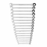 GEARWRENCH Combination Ratcheting Wrench Set: Alloy Steel, Full Polish Chrome, 16 Tools, Std, Metric (MPN 85099). Key specifications — attr309581: Full Polish Chrome; attr309580: Alloy Steel; attr309571: No; attr309583: No; attr309587: Yes; attr324931: GEARWRENCH.