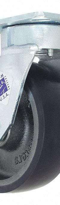 RWM Plate Caster: Swivel, Polyurethane, 6 in Wheel Dia, 2 in Wheel Wd, 7 5/8 in Mounting Ht, Roller (MPN 65-UIR-0620-S-76ST-ICWB). Key specifications — Wheel/Tread Color: Blue; Brand: RWM; Roll Up: Swivel with Brake.