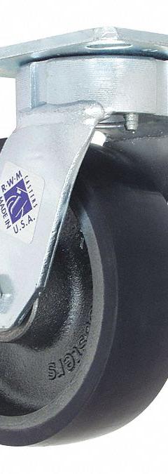 RWM Plate Caster: Swivel, Polyurethane, 6 in Wheel Dia, 2 in Wheel Wd, 7 5/8 in Mounting Ht, Roller (MPN 65-UIR-0620-S-76ST-ICWB). Key specifications — Wheel/Tread Color: Blue; Brand: RWM; Roll Up: Swivel with Brake.