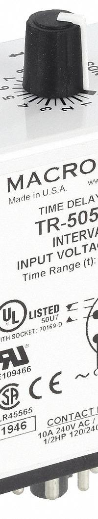 MACROMATIC Single Function Time Delay Relay: Socket Mounted, 12V AC, 10 A, 8 Pins/Terminals (MPN TR-50526-05). Key specifications — Brand: MACROMATIC.