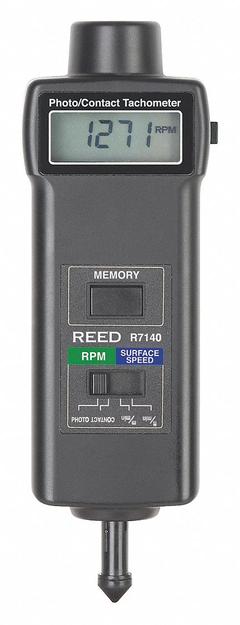 REED INSTRUMENTS Combination Tachometer: +/-0.05% of Reading +1 Digit RPM Accuracy, 0.1 RPM, LCD (MPN R7140). Key specifications — Includes: Funnel Adapter; Brand: REED INSTRUMENTS; Digital Display Screen Type: LCD; RPM Accuracy: +/-0.05% of Reading +1 Digit; RPM Resolution: 0.1 RPM; Calibration Certificate: Not Included.