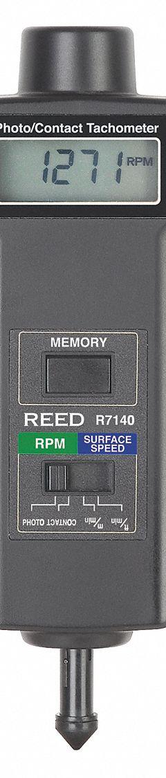 REED INSTRUMENTS Combination Tachometer: +/-0.05% of Reading +1 Digit RPM Accuracy, 0.1 RPM, LCD (MPN R7140). Key specifications — Includes: Funnel Adapter; Brand: REED INSTRUMENTS; Digital Display Screen Type: LCD; RPM Accuracy: +/-0.05% of Reading +1 Digit; RPM Resolution: 0.1 RPM; Calibration Certificate: Not Included.