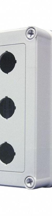 HOFFMAN Push Button Enclosure: 30mm, 3 Holes, Non-Metallic, NEMA 4X (MPN VM933-PBS3). Key specifications — attr211299: HOFFMAN; attr1043605: Washdown-Corrosion-Resistant.
