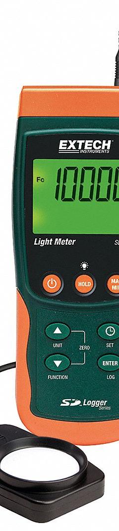 EXTECH Light Meter: Carrying Case/Light Sensor/Protective Cover/SD Card, ±4% Light Level Accuracy (MPN SDL400). Key specifications — Brand: EXTECH; Light Level Accuracy: ±4%; Digital Display Screen Type: LCD with Backlight; Includes: Protective Cover; Lights Tested: Visible Light; Certificate of Calibration: Not Included.