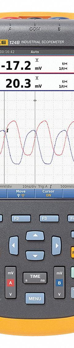 FLUKE Compact Handheld Oscilloscope: Compact Digital Oscilloscopes, Fully Isolated, Repeat, True RMS (MPN FLUKE-124B/WWG). Key specifications — Power Source: Battery; IP Rating: IP51; Manufacturer Part Number: FLUKE-124B/WWG; AC Magnitude Calculation: True RMS; Brand: FLUKE; CAT Safety Rating: CAT IV 600V; Digital Display Screen Type: TFT LCD; Includes: Banana-to-BNC Adapters (Black).