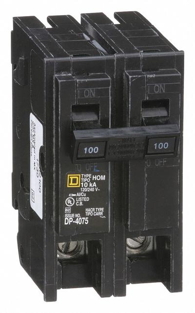 SQUARE D Miniature Circuit Breaker: 100 A, 120/240V AC, Single Phase, 10kA at 120/240V AC - HOM Series, Plug-In Square D Miniature Circuit Breakers