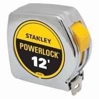 STANLEY Tape Measure: Nonmagnetic Single Hook Tip, 12 ft, Plastic, Silver (MPN 33-312). Key specifications — attr935324: STANLEY; attr942259: Silver; attr935326: Corrosion-Resistant; attr935328: 1/16 in; attr935329: Inches; attr935337: SAE; attr936607: Manual Lock; attr972446: Inch.
