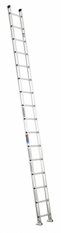 WERNER Straight Ladder: 16 ft Ladder Size, Aluminum, 300 lb Load Capacity, 33 lb Wt, 16 Rungs (MPN D1516-1). Key specifications — Color: Silver; Brand: WERNER; Included Features: Mar-Resistant End Caps; Shoe Type: Slip-Resistant.