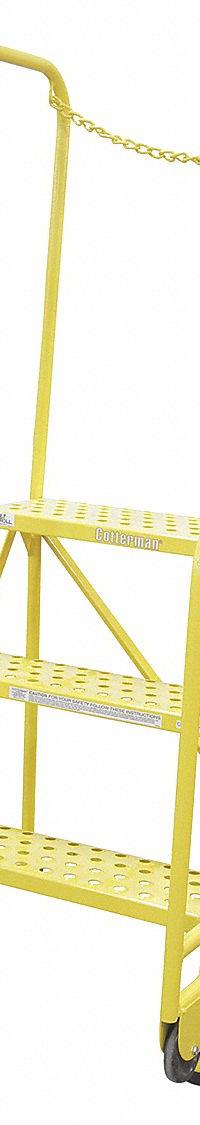 COTTERMAN Rolling Ladder: 2.5 ft Platform Ht, Assembled, Steel, 450 lb Load Capacity - Max (MPN 3TR26A6E10B8D3C2P6). Key specifications — Color: Yellow; Brand: COTTERMAN; Handrail Configuration: Double Handrails; Rear Chain: Removable Chain.