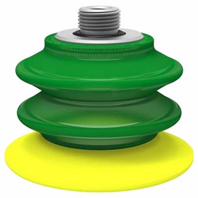 PIAB Vacuum Pad Assembly: G1/8 in, 77.5 mm Pad Dia, Polyurethane, Yellow, 60.2 mm Pad Ht - Multi-Bellows Type with Filter Packaging Industry Vacuum Pad Assemblies