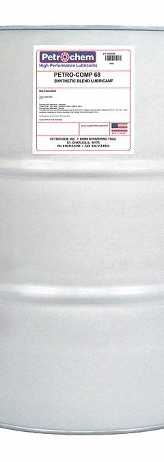 PETROCHEM Compressor Oil: 55 gal, Drum, 20 SAE Grade, 68 ISO Viscosity Grade, 99 Viscosity Index (MPN PETRO-COMP 68-055). Key specifications — attr59744: 99; attr59746: 68; attr59736: No; attr59735: Drum; attr59738: Petro-Comp; attr59749: 20.