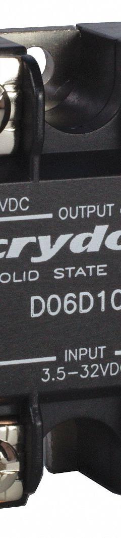 CRYDOM Solid State Relay: Surface Mounted, 60 A Max Output Current, MOSFET, DC Output (MPN D06D60). Key specifications — Brand: CRYDOM; Current Type: DC; Electrical Connection: Screw Clamp; Finger Safe: No; Input Current: 15 mA; Maximum Output Current without Heat Sink: Not Recommended; Mounting Style: Panel; Output Voltage: 1 to 48V DC.