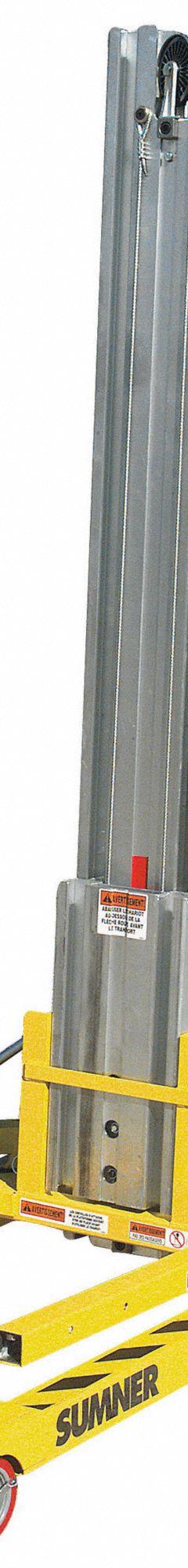 SUMNER Contractor Lift: 650 lb, Adj Base, Without Outriggers, 28 in Fork Lg, 21 1/2 in (MPN 783650). Key specifications — Width Across Forks: 21-1/2 in; Frame Material: Aluminum; Caster/Wheel Configuration: (4) Swivel with Brake; Brand: SUMNER; Fork Type: Invertible.