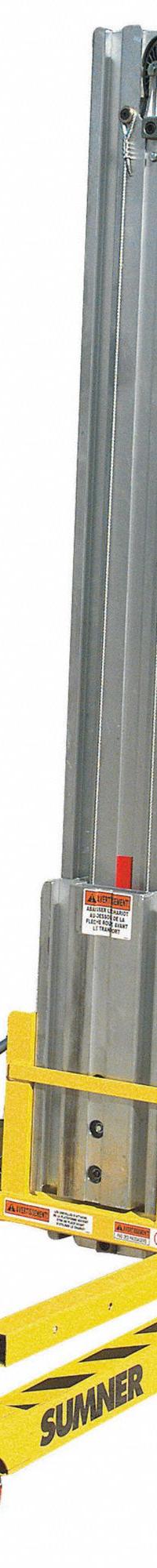 SUMNER Contractor Lift: 650 lb, Adj Base, Without Outriggers, 28 in Fork Lg, 21 1/2 in (MPN 783650). Key specifications — Width Across Forks: 21-1/2 in; Frame Material: Aluminum; Caster/Wheel Configuration: (4) Swivel with Brake; Brand: SUMNER; Fork Type: Invertible.