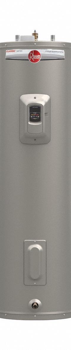 RHEEM Electric Water Heater: 240V, 40 gal, 5 kW, Single Phase, 48.4 in Ht, 25 gph @ 90°F Rise (MPN PROPE40 M2 RH CG / 701658). Key specifications — Phase: Single; Brand: RHEEM; Maximum Recovery Flow Rate: 25 gph @ 90°F Rise.