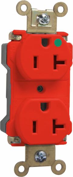 PASS & SEYMOUR Receptacle: Hospital Grade, Duplex, 5-20R, Red, 125V AC, 20 A, 2 Pole / 3 Wire (MPN PTTR63HRED). Key specifications — attr1367147: PASS & SEYMOUR.