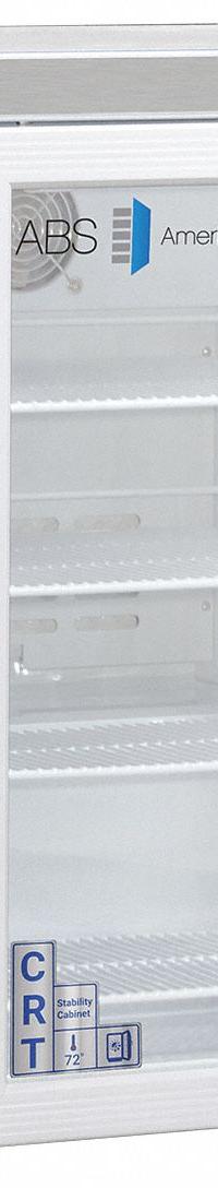 Controlled Room Temperature Cabinet: 115 V, 20°C to 25°C, 17 3/4 in Overall Wd, 19 1/2 in Overall Dp (MPN CRT-ABT-HC-UCFS-0204G). Key specifications — Brand: AMERICAN BIOTECH SUPPLY; Voltage: 115 V; Includes: (4) Adjustable Shelves; Door Hinge: Right Hinge.