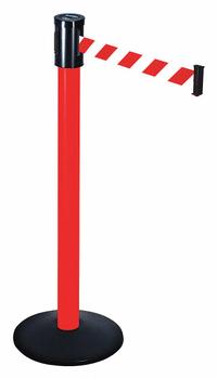RETRACTA-BELT Barrier Post with Belt: Red/White, Diagonal Stripe, No Legend, 15 ft Belt Lg, Red (MPN 321PRD-RWD). Key specifications — Base Material: Cast Iron; Belt Color: Red/White; Brand: RETRACTA-BELT; Post Material: Aluminum; Post Color: Red; Message: No Legend.
