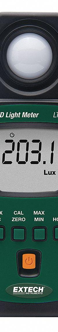 EXTECH Light Meter: Built-In Sensor/Pouch, ±3% Light Level Accuracy, LCD, Included, NIST, LED (MPN LT40-NIST). Key specifications — Brand: EXTECH; Light Level Accuracy: ±3%; Digital Display Screen Type: LCD; Includes: Built-In Sensor; Lights Tested: LED; Certificate of Calibration: Included.