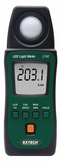 EXTECH Light Meter: Built-In Sensor/Pouch, ±3% Light Level Accuracy, LCD, Included, NIST, LED (MPN LT40-NIST). Key specifications — Brand: EXTECH; Light Level Accuracy: ±3%; Digital Display Screen Type: LCD; Includes: Built-In Sensor; Lights Tested: LED; Certificate of Calibration: Included.