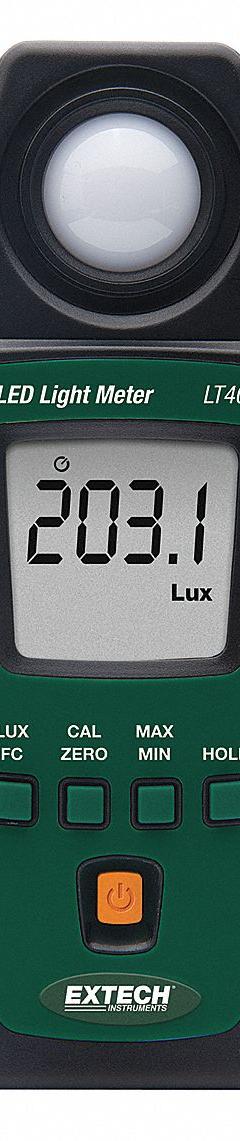 EXTECH Light Meter: Built-In Sensor/Pouch, ±3% Light Level Accuracy, LCD, Included, NIST, LED (MPN LT40-NIST). Key specifications — Brand: EXTECH; Light Level Accuracy: ±3%; Digital Display Screen Type: LCD; Includes: Built-In Sensor; Lights Tested: LED; Certificate of Calibration: Included.