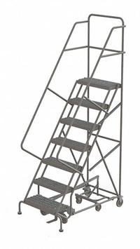 TRI-ARC Rolling Ladder: 5.8 ft Platform Ht, Unassembled, Steel, Foot-Activated Step Lock, Serrated (MPN KDED107242). Key specifications — attr1051092: Not Foldable; attr1051084: Gray; attr1051078: TRI-ARC; attr1051094: Double Handrails.