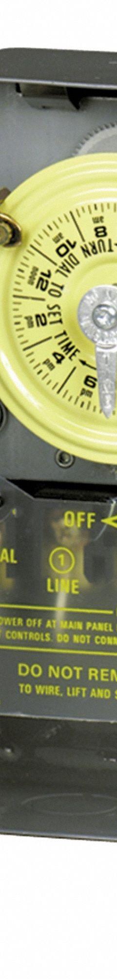 INTERMATIC Electromechanical Timer: 24 hr, 120V AC, SPDT-NO/NC, Mechanical (MPN T105). Key specifications — Body Material: Metal; Indoor/Outdoor Usage: Indoor; Mounting Style: Surface; Brand: INTERMATIC.