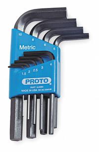 PROTO Hex Key Set: 6 - 10 Pieces, L, Metric, Std End, Short, 9 Pieces, Holder, Black Oxide, 2 Tips (MPN J4984). Key specifications — attr1205553: Not Tether Capable; attr1205554: PROTO; attr1205568: Black Oxide; attr1293176: 6 - 10 Pieces.