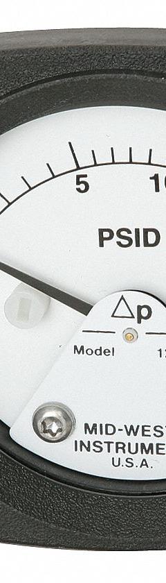 MIDWEST INSTRUMENT Differential Pressure Gauge & Switch: Back, 1/4 in NPT Female, 120, 2 1/2 in Dial (MPN 120-AA-00-O(CA)-20P). Key specifications — Sensor Type: Piston; Series: 120; Housing Material: Aluminum; Certificate of Calibration: Not Included; Gauge Accuracy: ±3-2-3%.