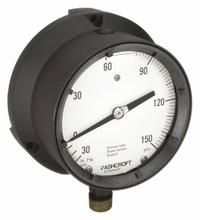 ASHCROFT Process Pressure Gauge: 0 psi to 150 psi, White, 4 1/2 in Dial, 1/2 in NPT Male, Bottom, 4X (MPN 451379ASL04LVAC/150#). Key specifications — Brand: ASHCROFT; Pointer Color: Black; Accuracy: ±0.5%; Dial Color: White; Gauge Wetted Parts: Brass / Bronze; Case Material: Epoxy-Coated Aluminum; Vibration Resistance Properties: Liquid-Filled; Pressure Range: 0 psi to 150 psi.