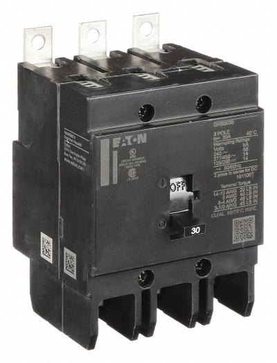 EATON Miniature Circuit Breaker: 30 A, 277/480V AC, Three Phase, 14kA at 277/480V AC - GHB Series, Bolt-On Eaton Cutler-Hammer Miniature Circuit Breakers