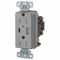 USB Receptacle: Duplex, 5-15R, 2 USB Ports, USB Type A/C, Gray, 125V AC, 15 A (MPN USB15ACPDGY). Key specifications — Brand: HUBBELL.