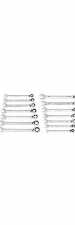 GEARWRENCH Combination Ratcheting Wrench Set: Alloy Steel, Full Polish Chrome, Std, Reversing (MPN 86661). Key specifications — attr309581: Full Polish Chrome; attr309580: Alloy Steel; attr309571: Yes; attr309583: No; attr309587: Yes; attr324931: GEARWRENCH; attr309569: 1/4 in to 1 in.