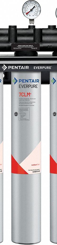 EVERPURE Water Filtration System: 5 micron, 5 gpm, FNPT, 25 3/8 in Overall Ht, 22,500 gal (MPN EV977133 -75). Key specifications — Brand: EVERPURE; Reduces: Chloramine; Filter Media: Carbon Block.