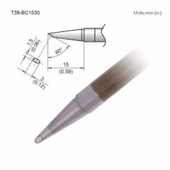 HAKKO Soldering Tip: T39 Series, Bevel, 3 mm W, 15 mm Lg (MPN T39-BC1530). Key specifications — Brand: HAKKO; Compatible Handpiece Manufacturer Model Number: FX-9701; Manufacturer Part Number: T39-BC1530.
