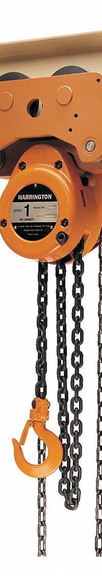 HARRINGTON Manual Chain Hoist: Push Trolley, 2,000 lb Lifting Capacity, 10 ft Lift Lg (MPN NTH010-10). Key specifications — Brand: HARRINGTON; Lifting Hook Type: Hook with Safety Latch.