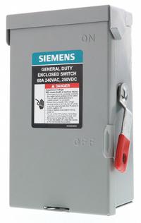 SIEMENS Safety Switch: Non-Fusible, 60 A, Single Phase, 240V AC, Galvanized Steel, Indoor (MPN GNF222A). Key specifications — attr867131: SIEMENS.